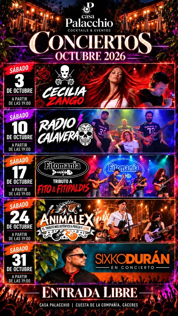 Cartel de conciertos de octubre 2026 en Casa Palacchio: Cecilia Zango, Radio Calavera, Fitomanía, Animalex y Sixko Durán. Entrada libre.
